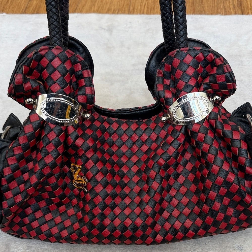 Zelli Woven Leather Satchel Bag | Red & Black | Designer Purse - Picture 8 of 10
